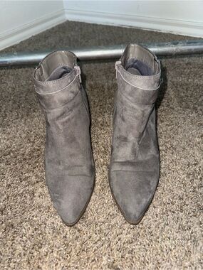 BAMBOO Gray Suede Pointed Toe Ankle Booties